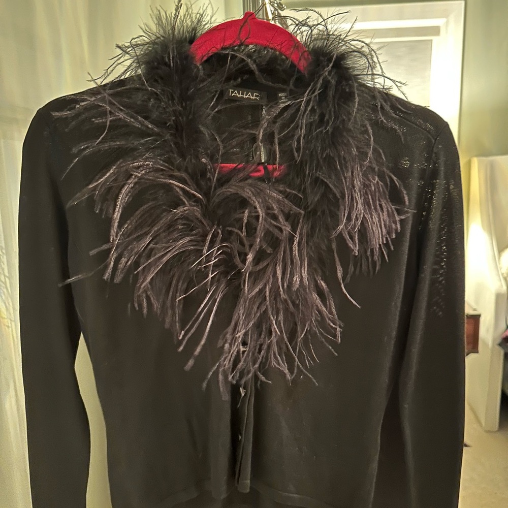 Tahari Vintage Black Feather-Trim Cardigan